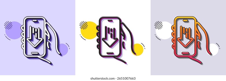 Icono de línea de App de Descarga. Patrón punteado de semitono. Icono de degradado con sombra de grano. Mantenga la mano la señal telefónica. Teléfono móvil con símbolo de notificación de pantalla. Icono de App de Descarga de línea. Varios diseños. Vector