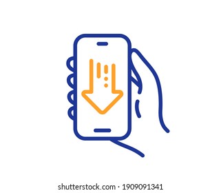 Descargar el icono de la línea de la aplicación. Mano con la señal de teléfono. Teléfono móvil con símbolo de notificación de pantalla. Elemento de diseño de calidad. Icono de aplicación de descarga de estilo de línea. Trazo editable. Vector