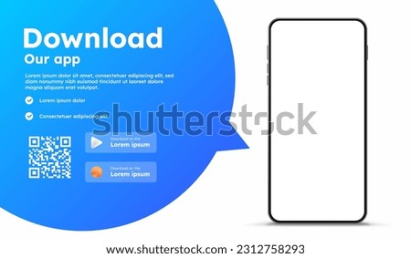 Download app message. Advertising of mobile application or program, marketing on Internet. Template, layout and mock up. Notification and announcement. Isometric vector illustration