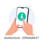 Download the app. Mobile phone in hand with download data to cloud computing concept for file sharing and data transfer system. Download file to app mobile phone. Mobile app icon vector illustration