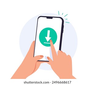 Download the app. Mobile phone in hand with download data to cloud computing concept for file sharing and data transfer system. Download file to app mobile phone. Mobile app icon vector illustration