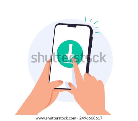 Download the app. Mobile phone in hand with download data to cloud computing concept for file sharing and data transfer system. Download file to app mobile phone. Mobile app icon vector illustration