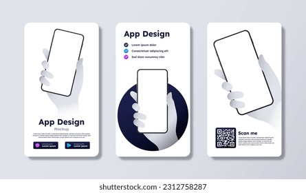 Download app mock up set. Advertising of mobile application or program. Software for smartphone. Interface, UI and UX design. Isometric vector collection isolated on grey background