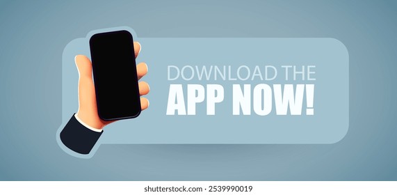 Descarga App ahora. Anuncio de instalación de la aplicación. Mano con smartphone. Ilustración vectorial