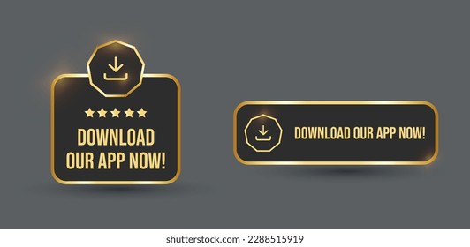 Download the app now. Flat Download the app now sticker with golden and black color. Download our app sticker or label call to action.  App marketing tags, stamp, label. Ui element. Sticker. Icon