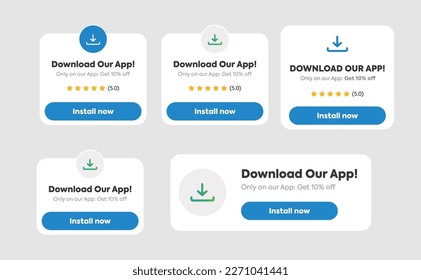 Download the app now. Install or Download the app now labels. Install our app sticker or label call to action. Ui element. Get discount only on our application. 10% discount. Marketing Ad label. Icon.