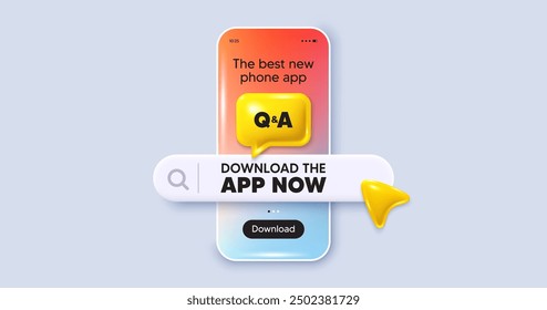 Download the app now. Phone mockup screen. Questions and answers icon. Answer question sign. Faq symbol. Phone download app search bar. Questions answers text message. Vector