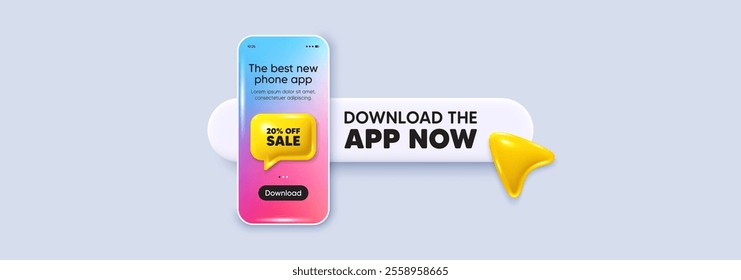 Download the app now. Phone mockup screen. Sale 20 percent off discount. Promotion price offer sign. Retail badge symbol. Phone download app search bar. Sale text message. Vector