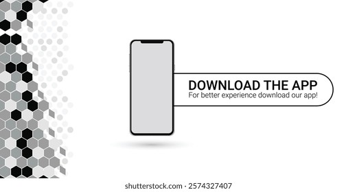 Download the app now. Simple UI Download the app now cover or banner with smartphone. Download our app sticker or label isolated vector illustration on white background