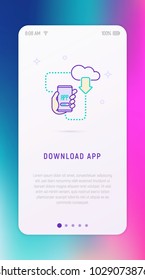 Download app on smartphone from cloud concept. Hand holding smartphone thin line icon. Modern vector illustration for user interface.