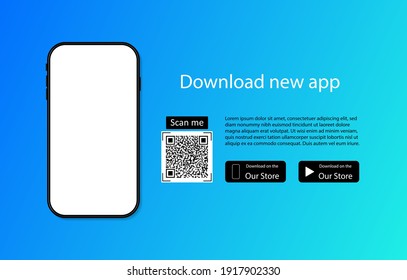 Descargar aplicación al teléfono desde la tienda. Código Qr para descargar la aplicación. Publicidad de la aplicación para smartphones. Analizar código, hacer clic en el botón, cargar y pagar. Traducción del móvil en el sitio web. Banner elegante. Vector.