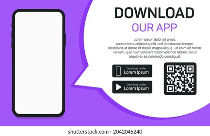 Descargar aplicación al teléfono desde la tienda. Código Qr para descargar la aplicación. Publicidad de la aplicación para smartphones. Código de exploración, botón de clic