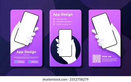 Download App posters set. Advertising of mobile application or program. Violet template, layout and mock up. Uploading and downloading. Isometric vector collection isolated on black background