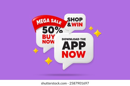 Download app speech bubbles. Mega sale flag ribbon. Download the app now. Web application sign. Get program software symbol. Discount chat bubbles with 3d sparkles. Vector