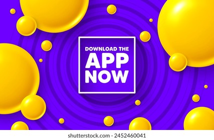 Download app square frame. Abstract 3d spheres background. Yellow balls, spheres or bubbles on background. Minimal design. Geometric purple background with yellow 3d balls, spheres. Vector