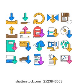 baixar app web seta ícones definir vetor. dados de arquivo, baixar forma, carregar, conceito internet, tecnologia de interface, site baixar app web seta cor Contorno Ilustrações