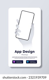 Download application white banner. Hand holding smartphone with blank screen. Poster or banner, cover for website. Upload and update of software. Vector illustration isolated on grey background