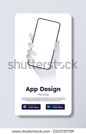 Download application white banner. Hand holding smartphone with blank screen. Poster or banner, cover for website. Upload and update of software. Vector illustration isolated on grey background