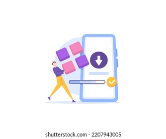 download applications or software. application downloader and installer service. someone wants to install a software on a smartphone. update version. illustration concept design. graphic elements.