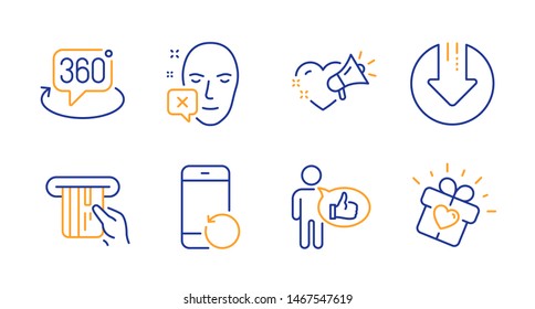 Download arrow, 360 degree and Like line icons set. Love message, Face declined and Recovery phone signs. Credit card, Love gift symbols. Crisis, Virtual reality. Business set. Vector