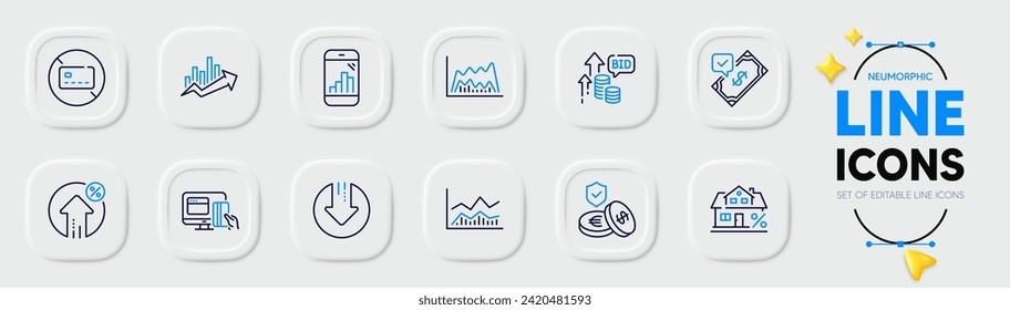 Download arrow, Accepted payment and Loan percent line icons for web app. Pack of Mortgage, Bid offer, Online payment pictogram icons. Growth chart, Savings insurance, No card signs. Vector