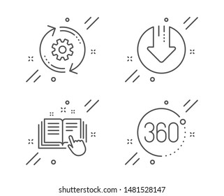 Download arrow, Cogwheel and Technical documentation line icons set. 360 degrees sign. Crisis, Engineering tool, Manual. Full rotation. Technology set. Line download arrow outline icon. Vector