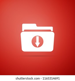 Download arrow with folder icon isolated on red background. Flat design. Vector Illustration