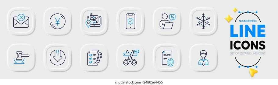 Download arrow, Gps and Cut ribbon line icons for web app. Pack of Snowflake, Businessman, Judge hammer pictogram icons. Online discounts, Yen money, Reject mail signs. Phone protection. Vector