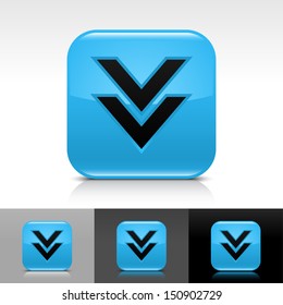 Download arrow icon blue color glossy web button with black sign. Rounded square shape with shadow, reflection on white, gray, black background. Vector illustration element 8 eps