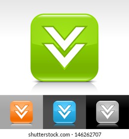 Download arrow icon. Blue, orange, green, gray color glossy web button with white sign. Rounded square shape with shadow, reflection on white gray black background. Vector illustration element 8 eps 