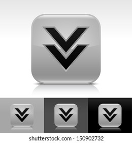 Download arrow icon. Gray color glossy web button with black sign. Rounded square shape with shadow, reflection on white, gray, black background. Vector illustration element 8 eps 