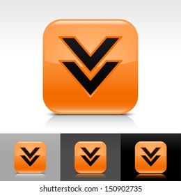 Download arrow icon orange color glossy web button with black sign. Rounded square shape with shadow, reflection on white, gray, black background. Vector illustration element 8 eps