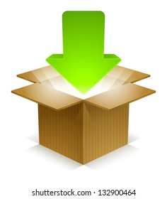Download arrow icon pointing downward into a corrugated cardboard box with beams of light shining outward. Labeled Global Color Swatches for ultra simple color editing! EPS 10 Vector.