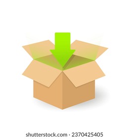 Download arrow icon pointing downward into a corrugated cardboard box with beams of light shining outward. Open box for download with arrows. Vector illustration - Powered by Shutterstock - Get 15% off with code: PIKWIZARD15