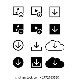Download arrow icon set for music, video and cloud computing. Black and white download symbols pack for websites and apps.
