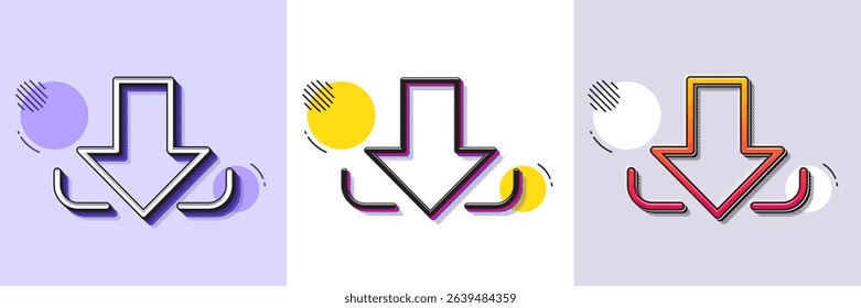 Download Arrow line icon. Halftone dotted pattern. Gradient icon with grain shadow. Down arrowhead symbol. Direction or pointer sign. Line download icon. Various designs. Vector