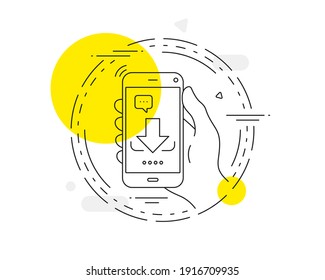 Descargar icono de línea de flecha. Botón vector del teléfono móvil. Símbolo de punta de flecha abajo. Señal de dirección o puntero. Icono de línea de descarga. Insignia conceptual abstracta. Vector