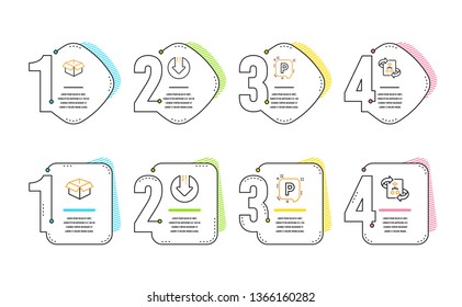 Download arrow, Opened box and Parking icons simple set. Technical algorithm sign. Crisis, Shipping parcel, Auto park. Project doc. Infographic timeline. Line download arrow icon. 4 options or steps