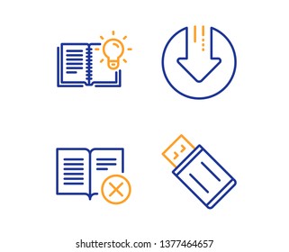 Download arrow, Product knowledge and Reject book icons simple set. Usb flash sign. Crisis, Education process, Delete article. Memory stick. Technology set. Linear download arrow icon. Vector