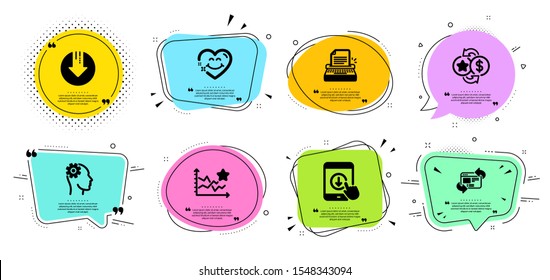 Download arrow, Scroll down and Refresh website line icons set. Chat bubbles with quotes. Smile face, Engineering and Loyalty points signs. Typewriter, Ranking stars symbols. Vector