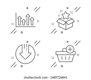 Download arrow, Upper arrows and Loyalty program line icons set. Add purchase sign. Crisis, Growth infochart, Bonus star. Shopping order. Finance set. Line download arrow outline icon. Vector