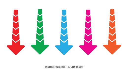 Conjunto de iconos de Vector de flecha de Descarga. Flechas segmentadas dinámicas y coloridas que apuntan hacia abajo para la Tecnología, la dirección y el flujo de datos.