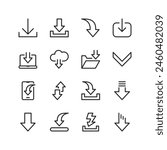 Download Arrows, File Transfers, linear style icon set. Indicating data transmission, information exchange. Internet downloading, cloud storage access. Editable stroke width