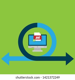Download avi file icon on pc screen. Downloading file concept. File with avi icon and green down arrow sign