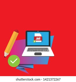 Download avi file icon on pc screen. Downloading file concept. File with avi icon and green down arrow sign