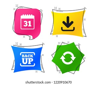 Download and Backup data icons. Calendar and rotation arrows sign symbols. Geometric colorful tags. Banners with flat icons. Trendy design. Calendar vector