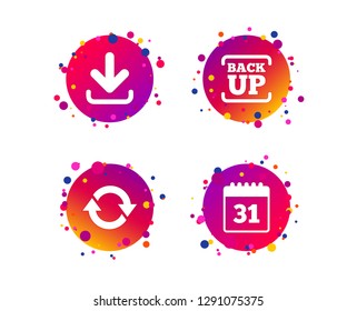 Download and Backup data icons. Calendar and rotation arrows sign symbols. Gradient circle buttons with icons. Random dots design. Vector