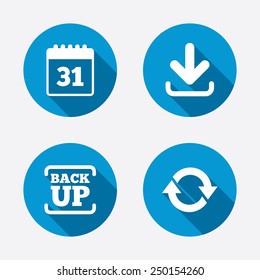 Download and Backup data icons. Calendar and rotation arrows sign symbols. Circle concept web buttons. Vector