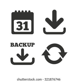 Download and Backup data icons. Calendar and rotation arrows sign symbols. Flat icons on white. Vector
