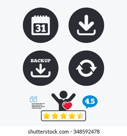 Download and Backup data icons. Calendar and rotation arrows sign symbols. Star vote ranking. Client like and think bubble. Quotes with message.